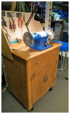 (Image: Motorised Buffer on a Wheeled, Wooden Stand)